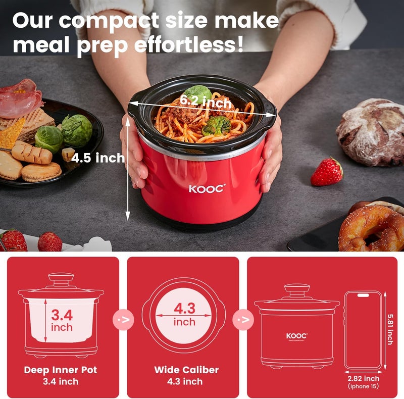 KOOC Small Slow Cooker, 0.65 Quart, Free Liners Included, Upgraded Ceramic Pot, Nutrient Loss Reduction, Sauces, Stews & Dips, Stainless Steel, Red, Round - Image 2